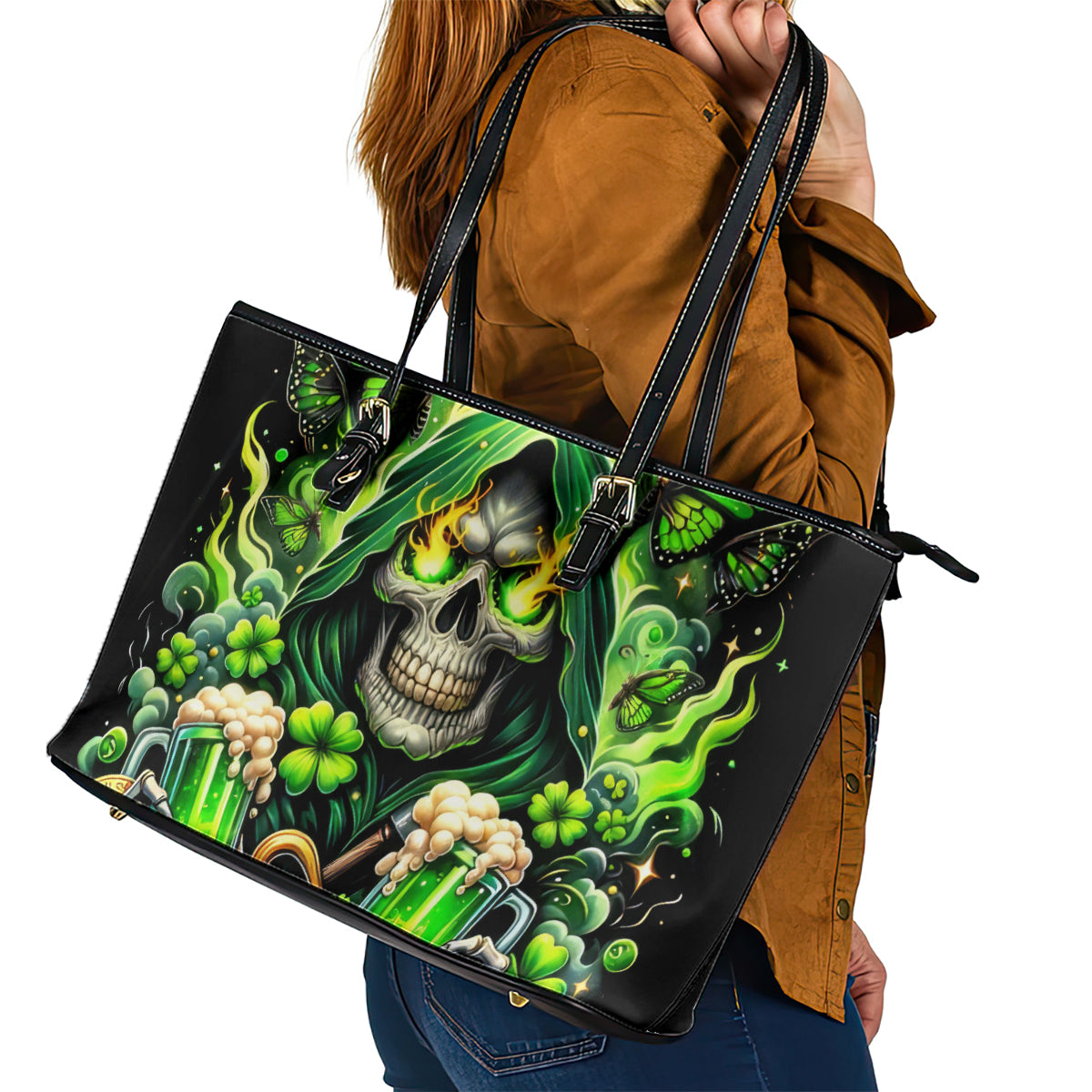 Irish Skull Leather Tote Bag The Devil Whispered To Me I'm Coming For You DT01