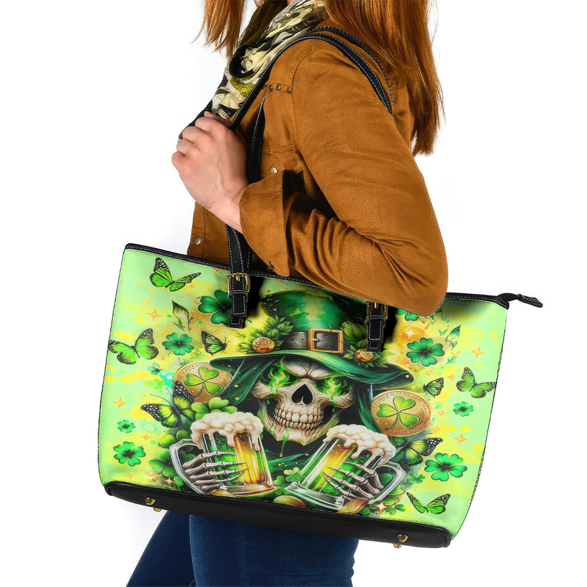 Irish Skull Leather Tote Bag The Devil Whispered To Me I'm Coming For You DT01