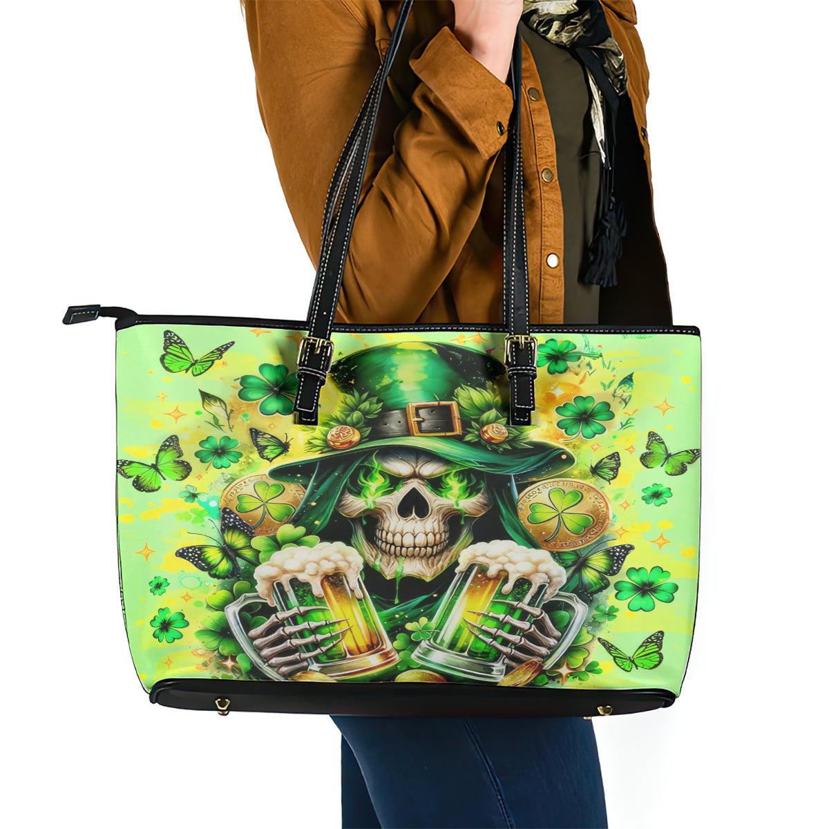 Irish Skull Leather Tote Bag The Devil Whispered To Me I'm Coming For You DT01