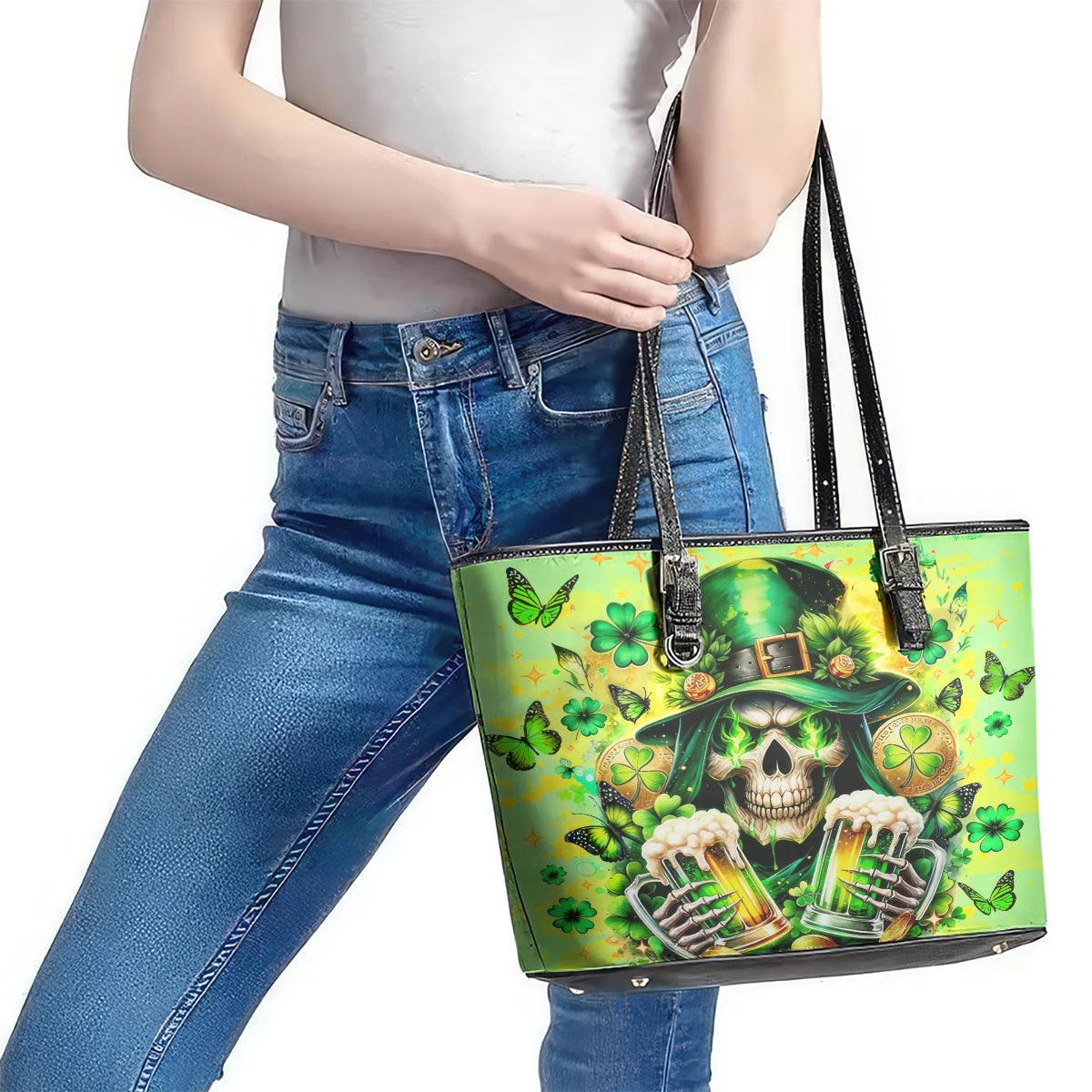 Irish Skull Leather Tote Bag The Devil Whispered To Me I'm Coming For You DT01