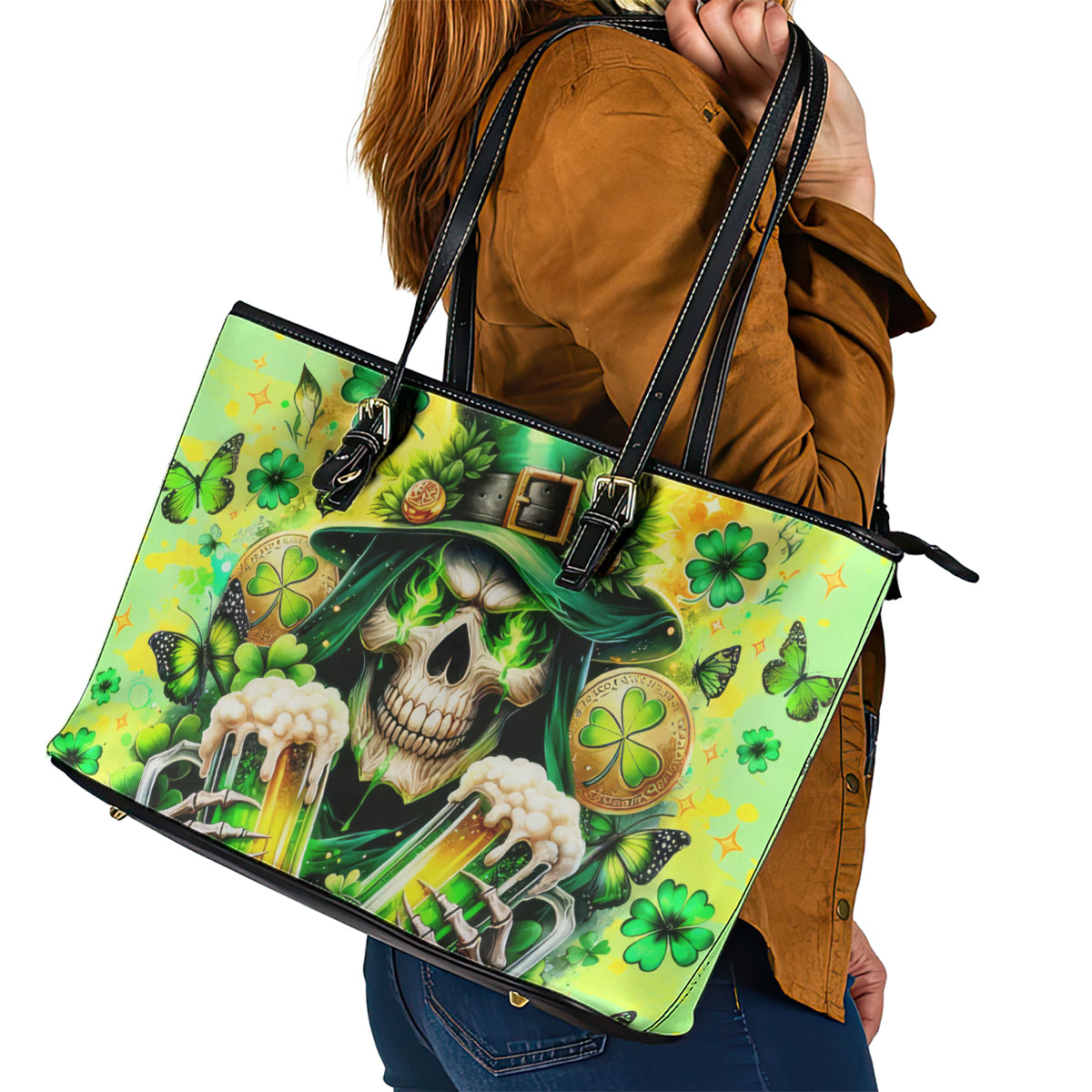 Irish Skull Leather Tote Bag The Devil Whispered To Me I'm Coming For You DT01