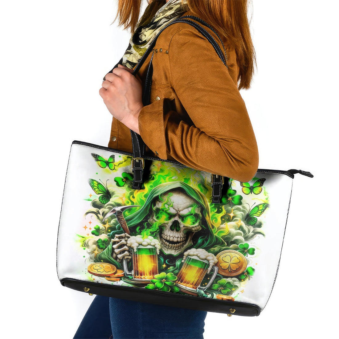Irish Skull Leather Tote Bag I Whisper Back Bring Beer DT01