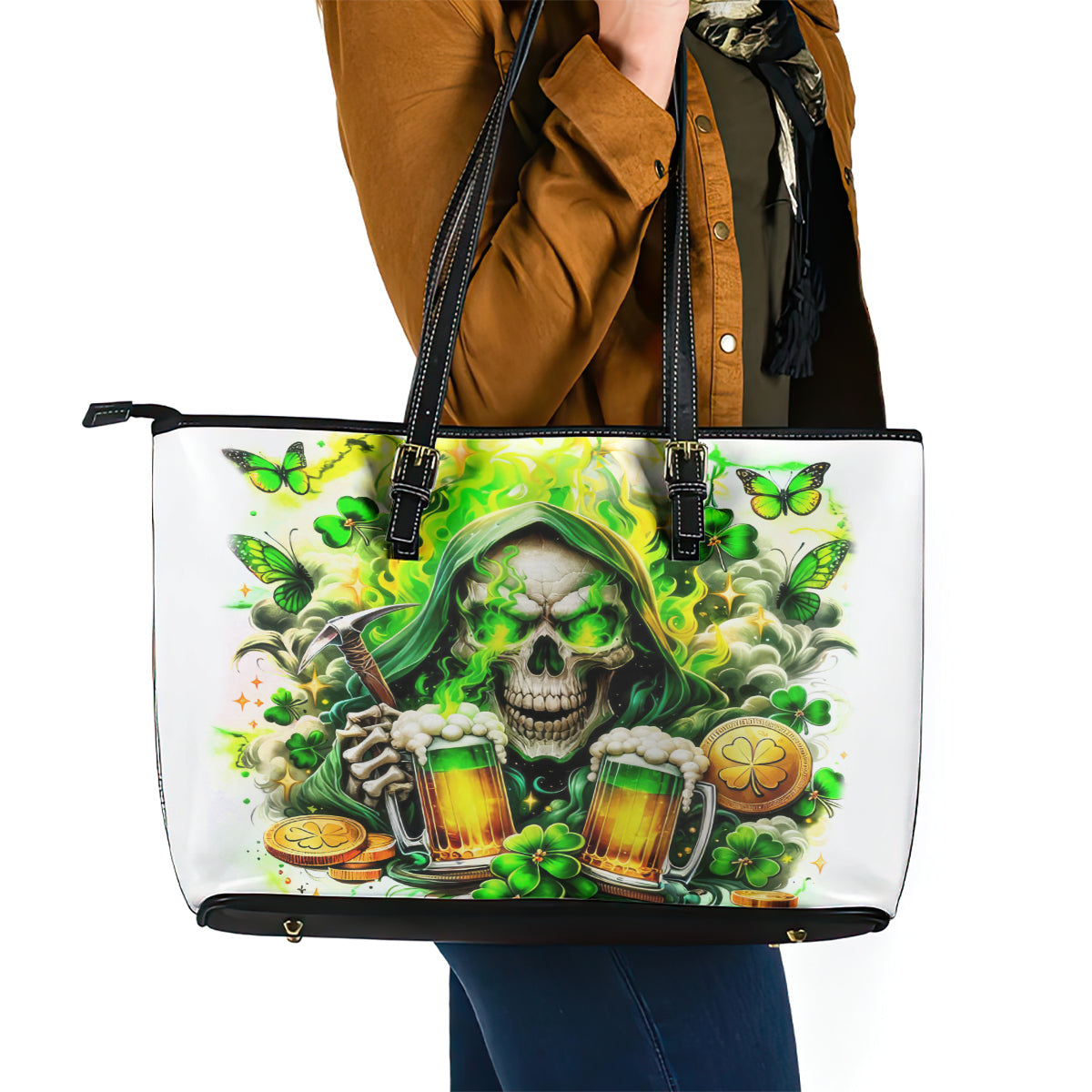 Irish Skull Leather Tote Bag I Whisper Back Bring Beer DT01