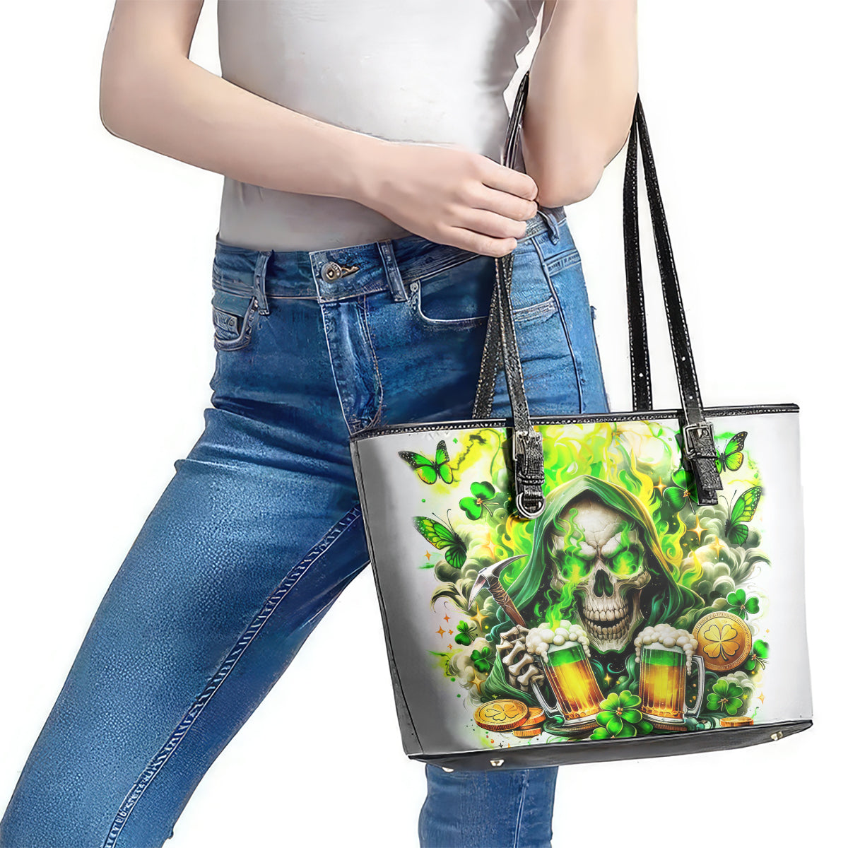 Irish Skull Leather Tote Bag I Whisper Back Bring Beer DT01