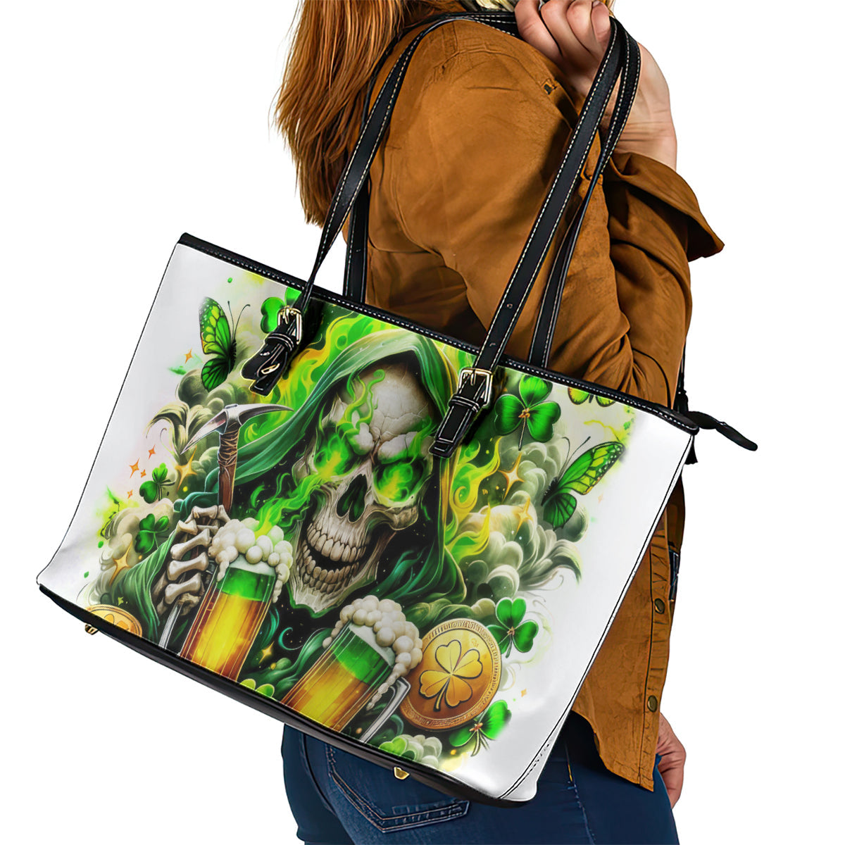 Irish Skull Leather Tote Bag I Whisper Back Bring Beer DT01