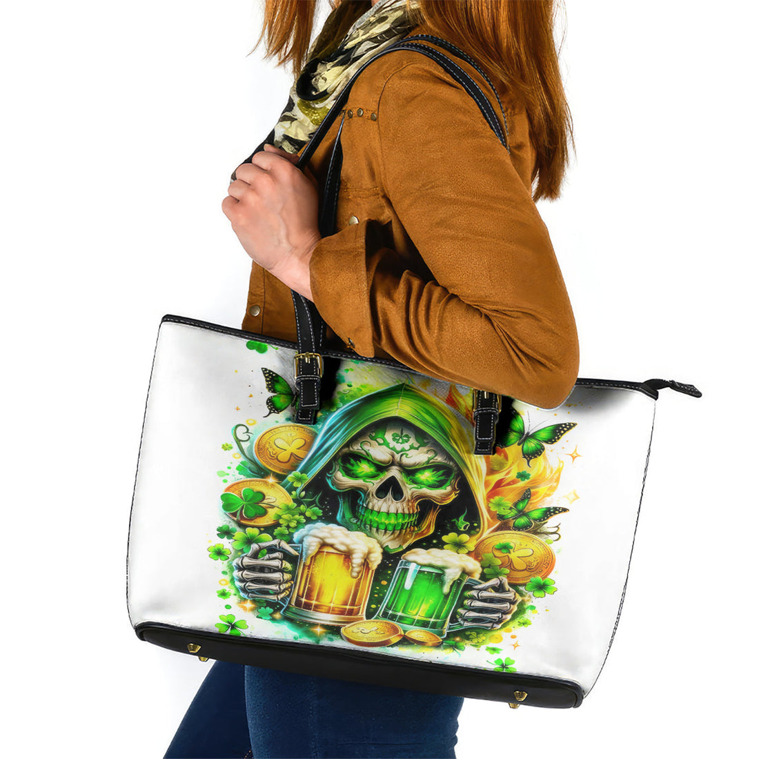 Irish Skull Leather Tote Bag To Wash Down Another Beer To Wash Down This Beer DT01