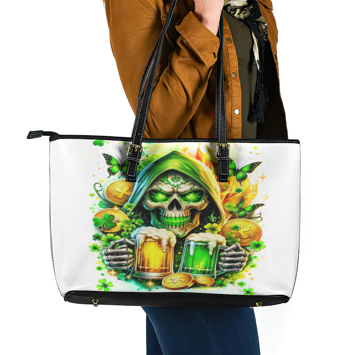 Irish Skull Leather Tote Bag To Wash Down Another Beer To Wash Down This Beer DT01