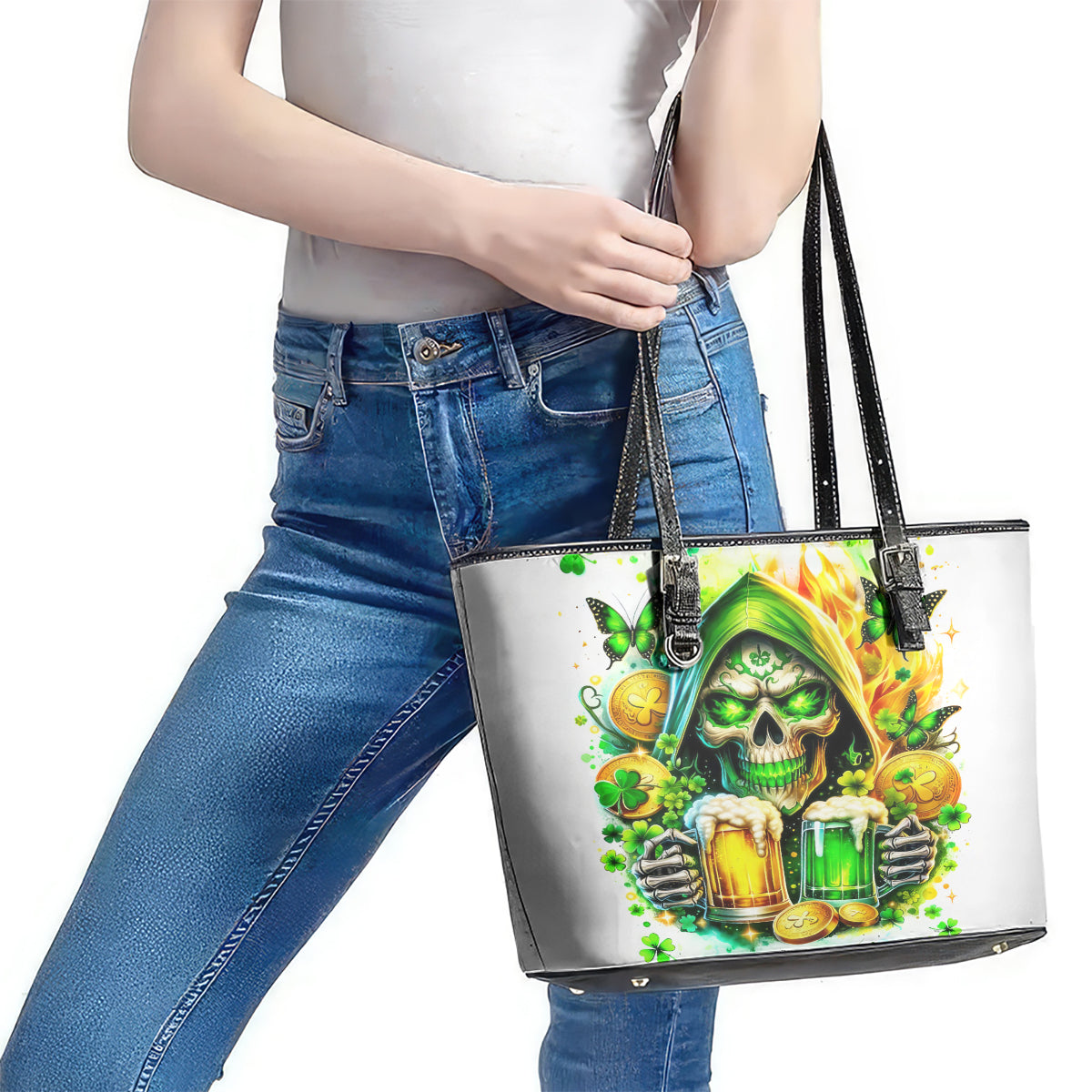 Irish Skull Leather Tote Bag To Wash Down Another Beer To Wash Down This Beer DT01