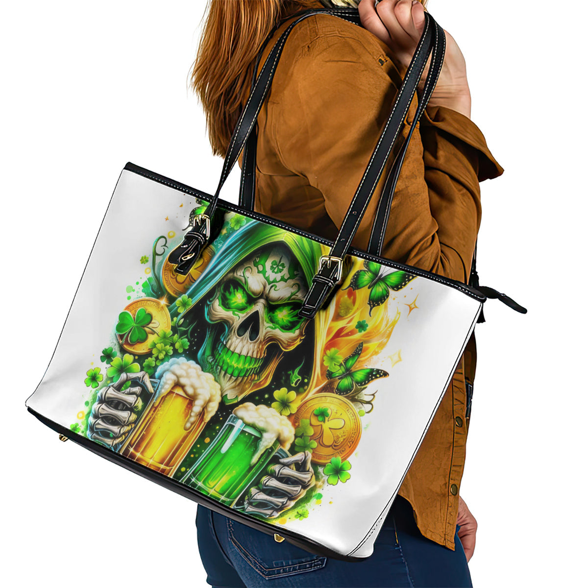 Irish Skull Leather Tote Bag To Wash Down Another Beer To Wash Down This Beer DT01