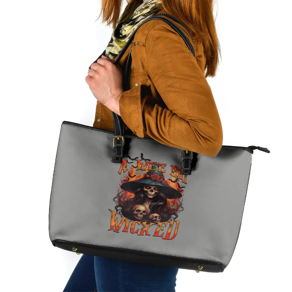Witch Skull Leather Tote Bag A Wee Bit Wicked DT01