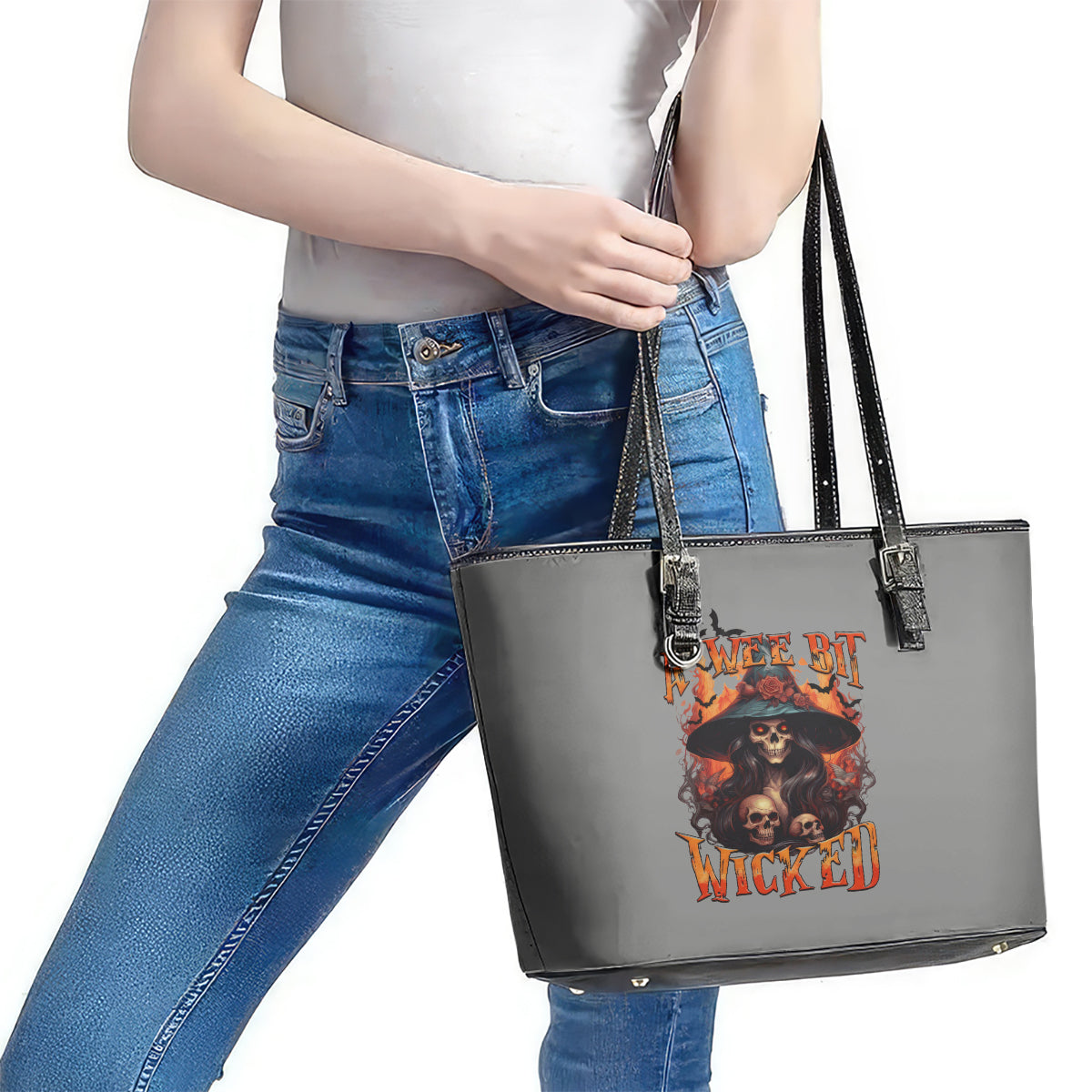 Witch Skull Leather Tote Bag A Wee Bit Wicked DT01