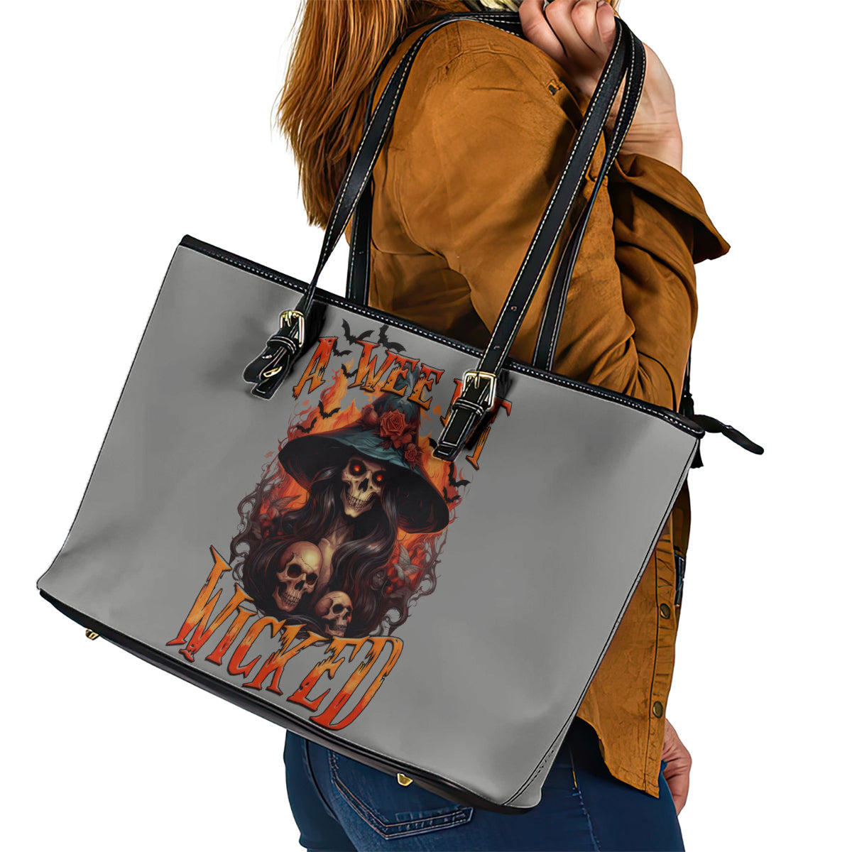 Witch Skull Leather Tote Bag A Wee Bit Wicked DT01