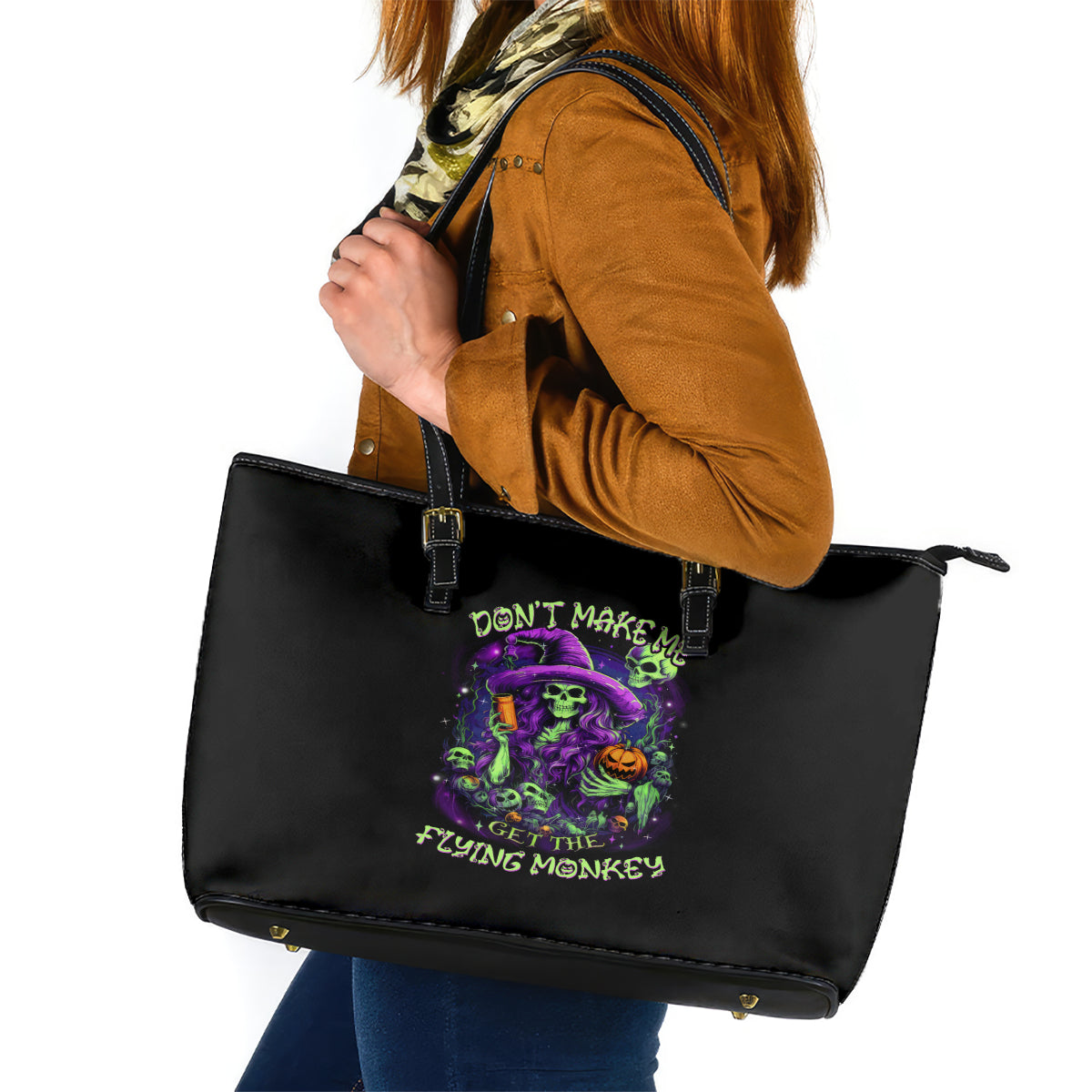 Witch Skull Leather Tote Bag Don't Make Me Get The Flying Monkey DT01