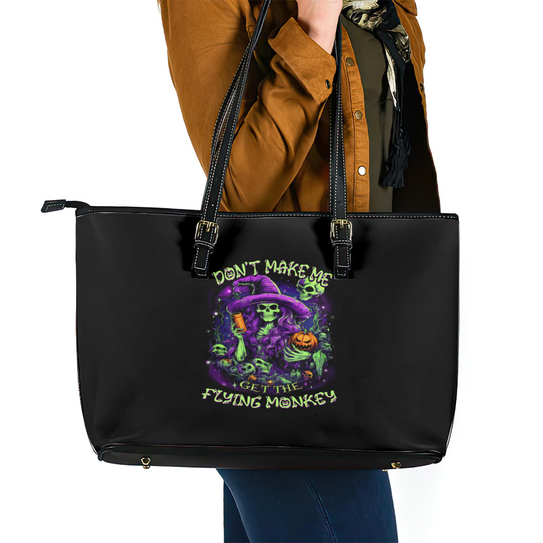 Witch Skull Leather Tote Bag Don't Make Me Get The Flying Monkey DT01