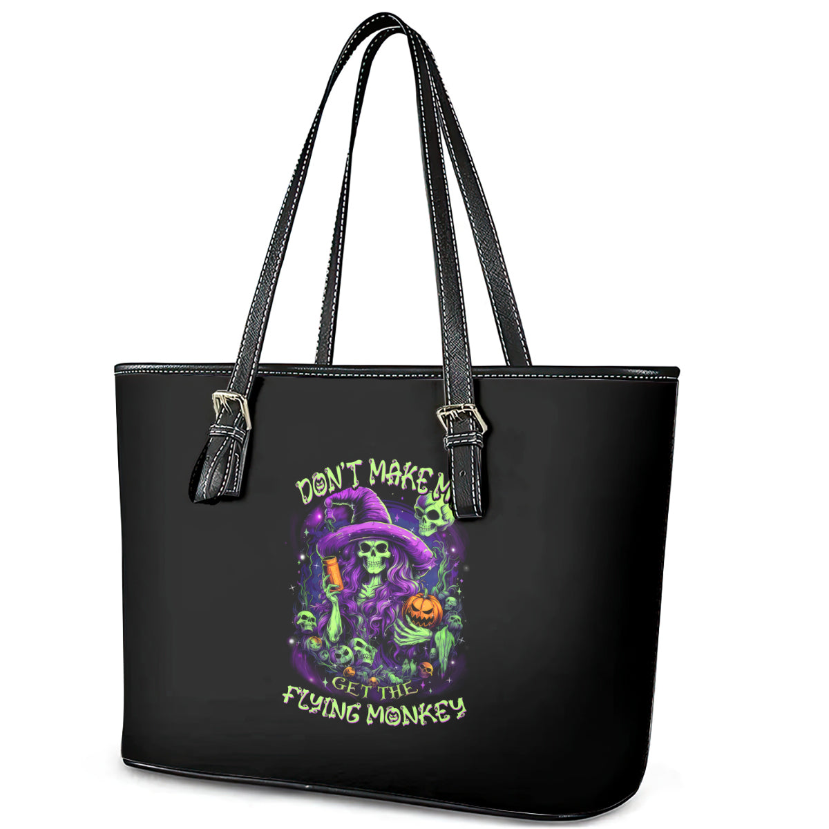 Witch Skull Leather Tote Bag Don't Make Me Get The Flying Monkey DT01