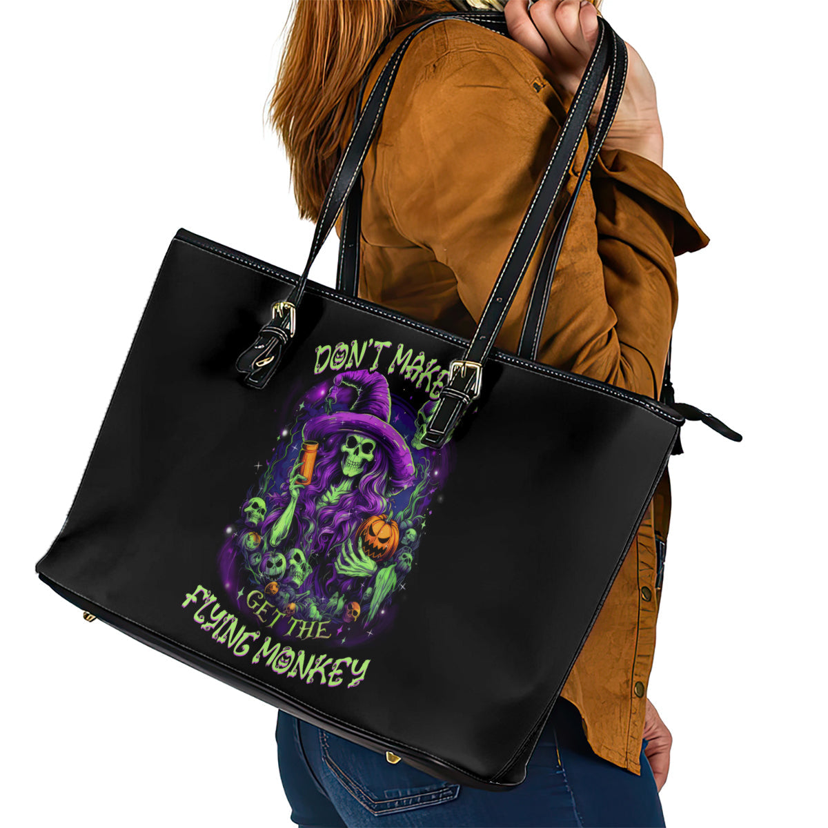 Witch Skull Leather Tote Bag Don't Make Me Get The Flying Monkey DT01