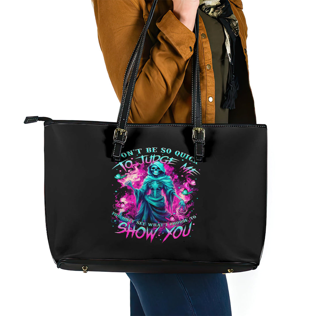 Witch Skull Leather Tote Bag Don't Be So Quick To Judge Me DT01