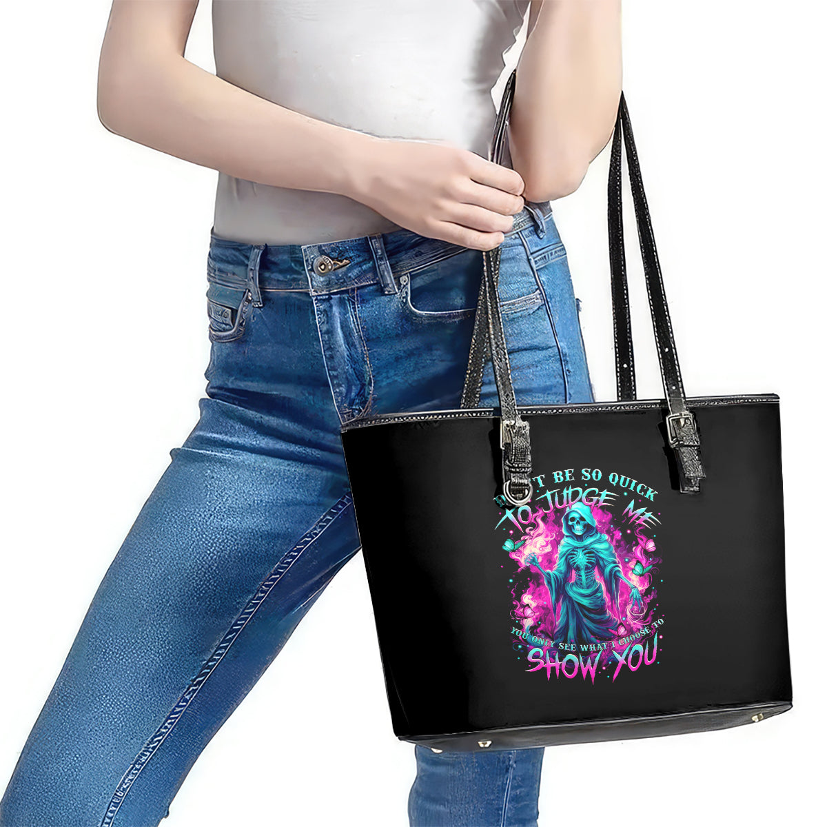 Witch Skull Leather Tote Bag Don't Be So Quick To Judge Me DT01