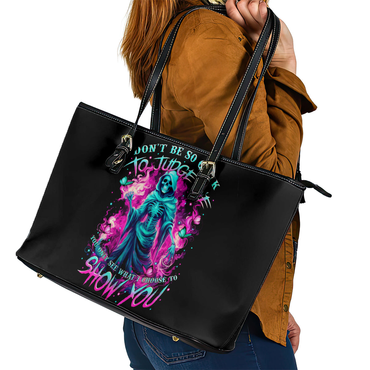 Witch Skull Leather Tote Bag Don't Be So Quick To Judge Me DT01