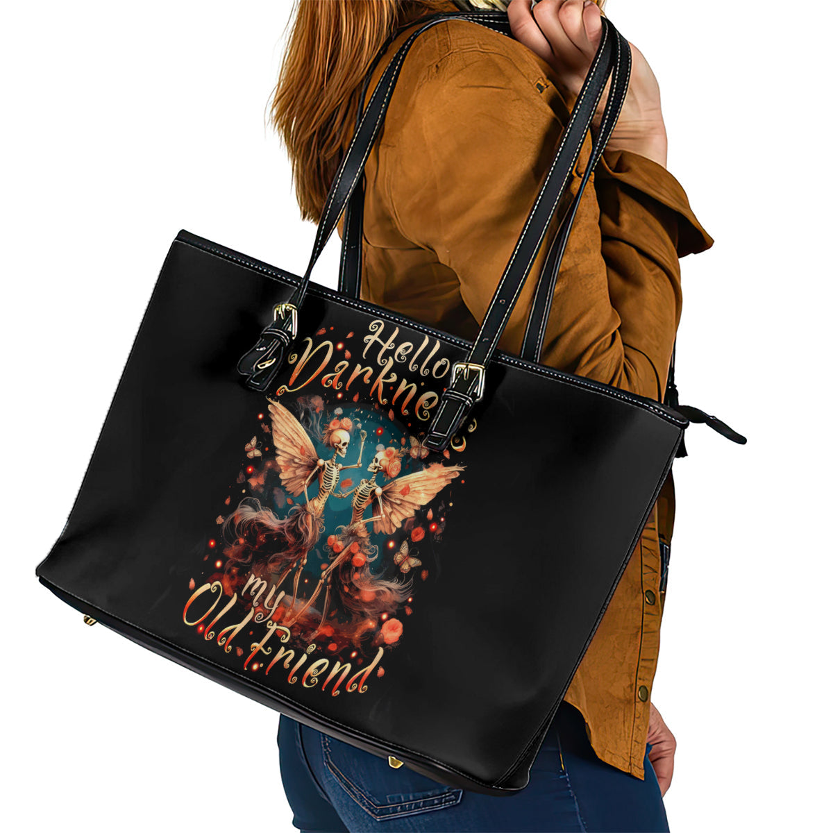Fairy Skull Leather Tote Bag Hello Darkness My Old Friend DT01