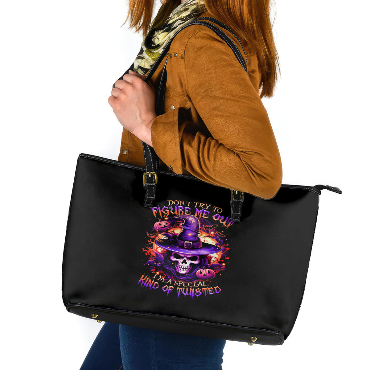 Witch Skull Leather Tote Bag Don't Try To Figure Me Out DT01