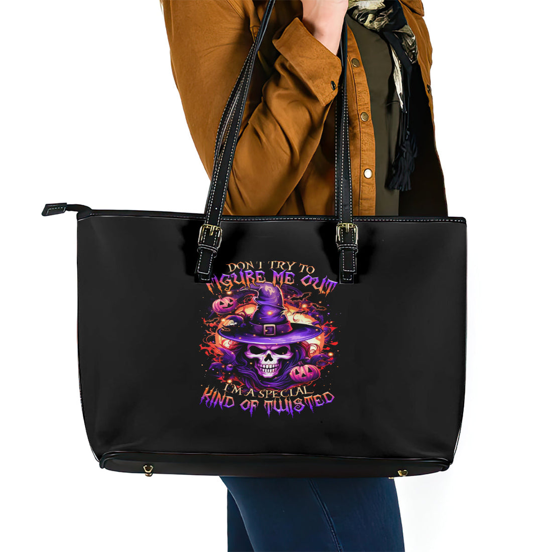 Witch Skull Leather Tote Bag Don't Try To Figure Me Out DT01