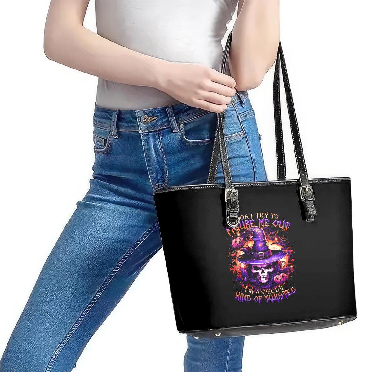 Witch Skull Leather Tote Bag Don't Try To Figure Me Out DT01