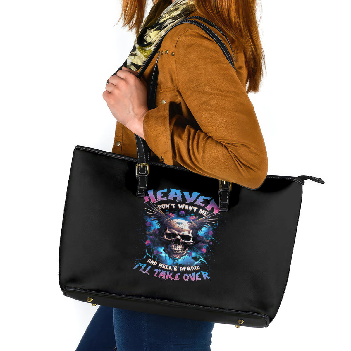Wings Skull Leather Tote Bag Heaven Don't Want Me Hell Afraid I Take Over DT01