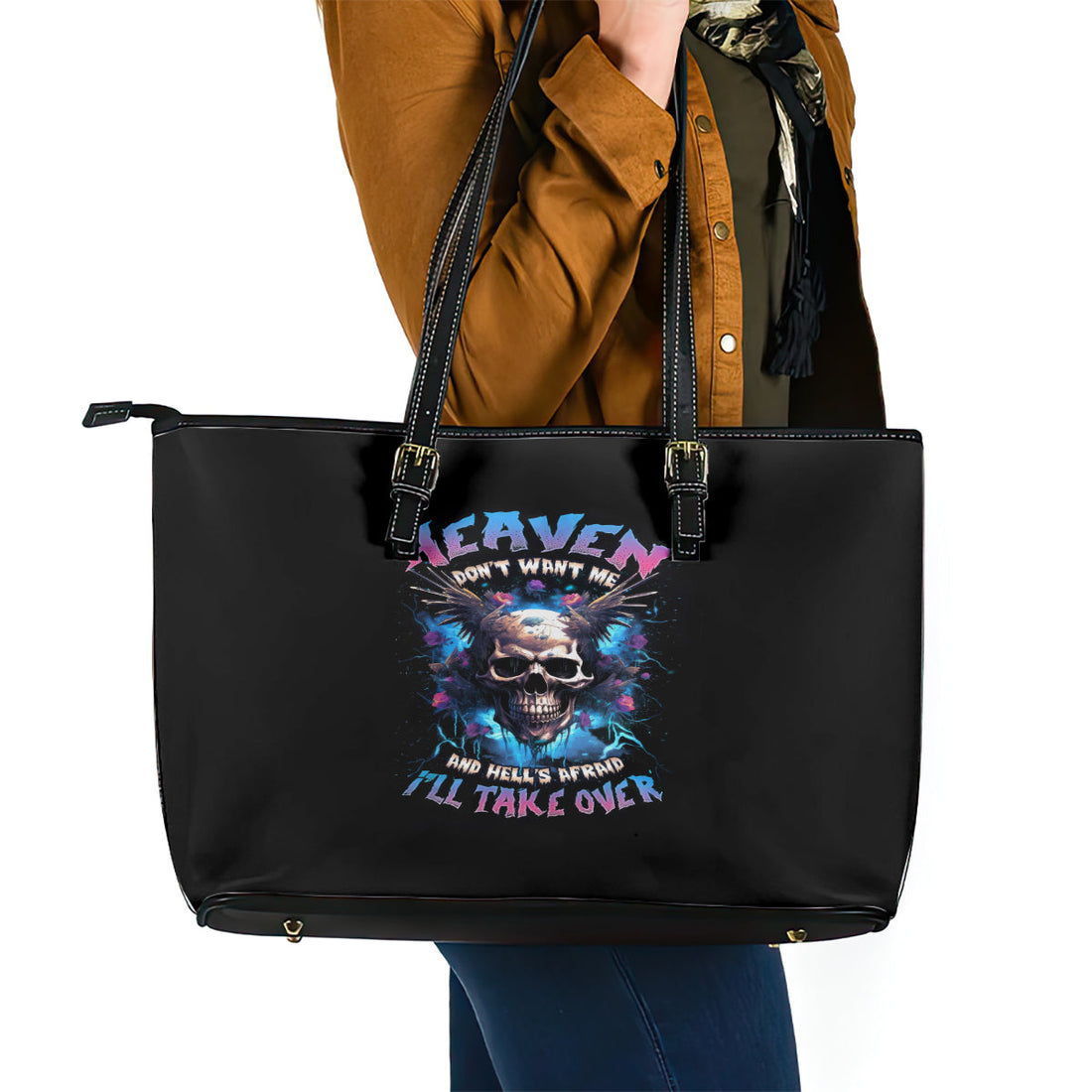Wings Skull Leather Tote Bag Heaven Don't Want Me Hell Afraid I Take Over DT01