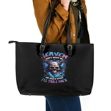 Wings Skull Leather Tote Bag Heaven Don't Want Me Hell Afraid I Take Over DT01