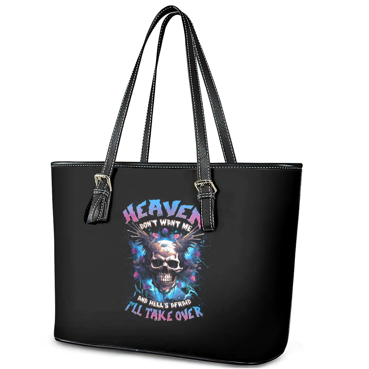 Wings Skull Leather Tote Bag Heaven Don't Want Me Hell Afraid I Take Over DT01