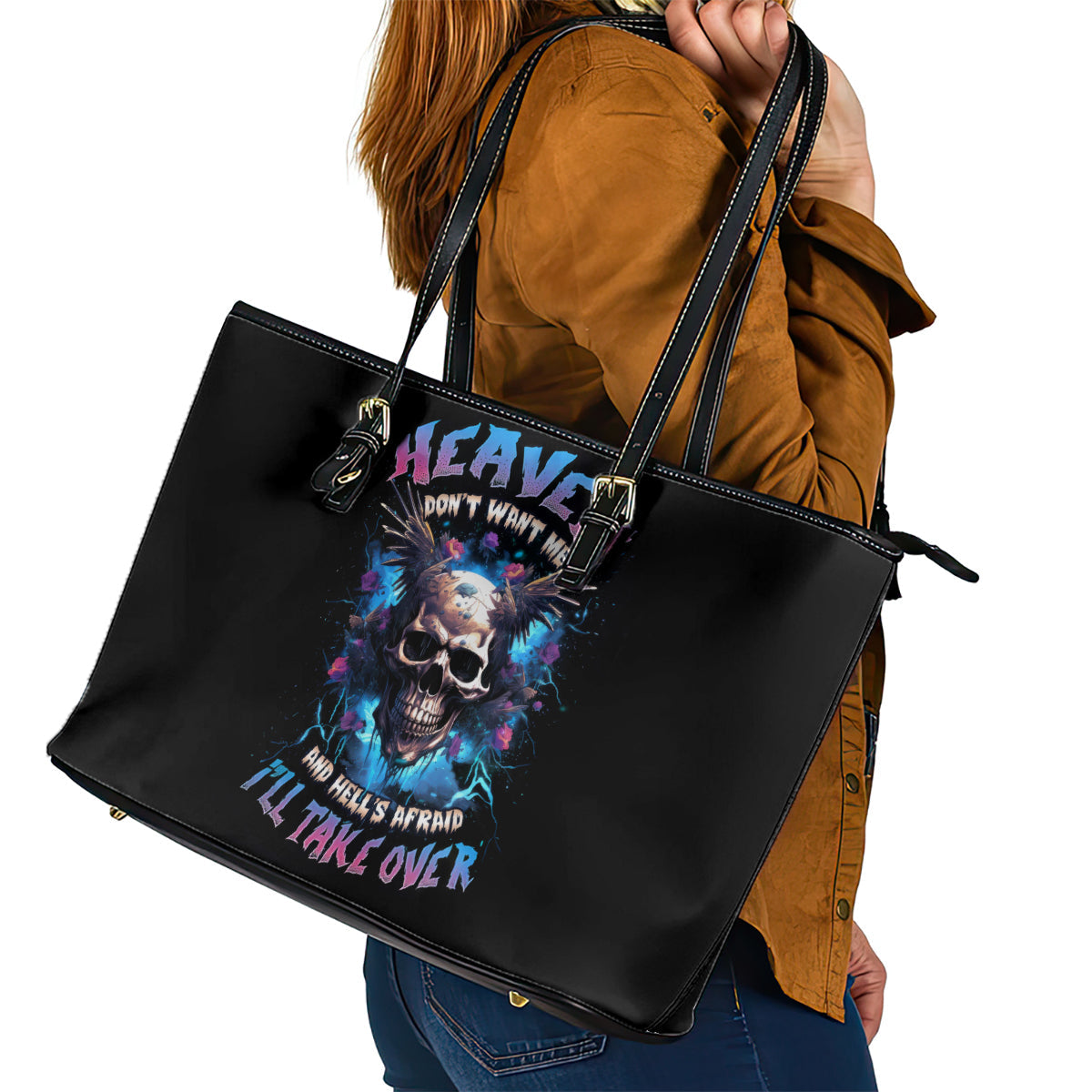 Wings Skull Leather Tote Bag Heaven Don't Want Me Hell Afraid I Take Over DT01