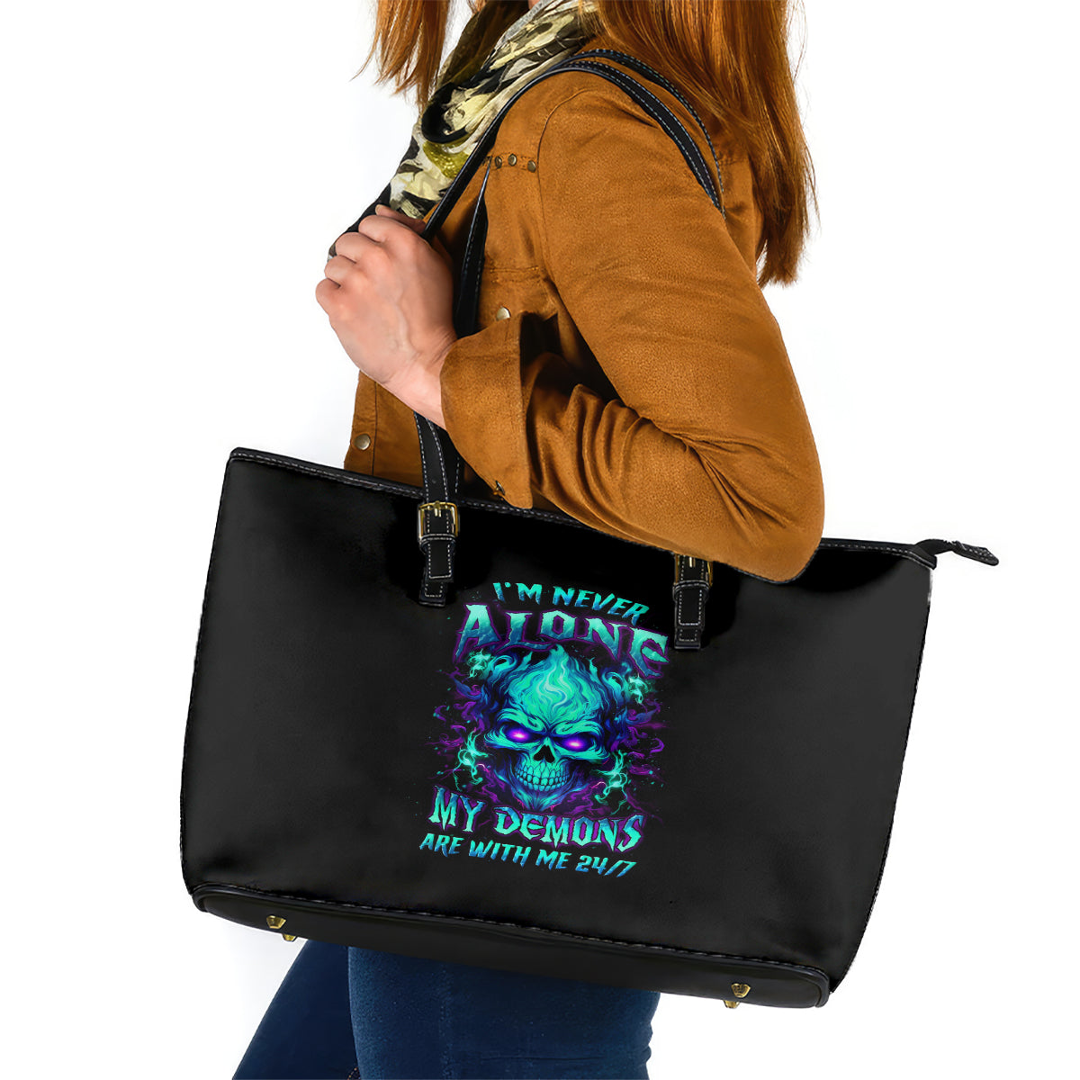 Flame Skull Leather Tote Bag I'm Never Alone My Demons With Me 24/7 DT01