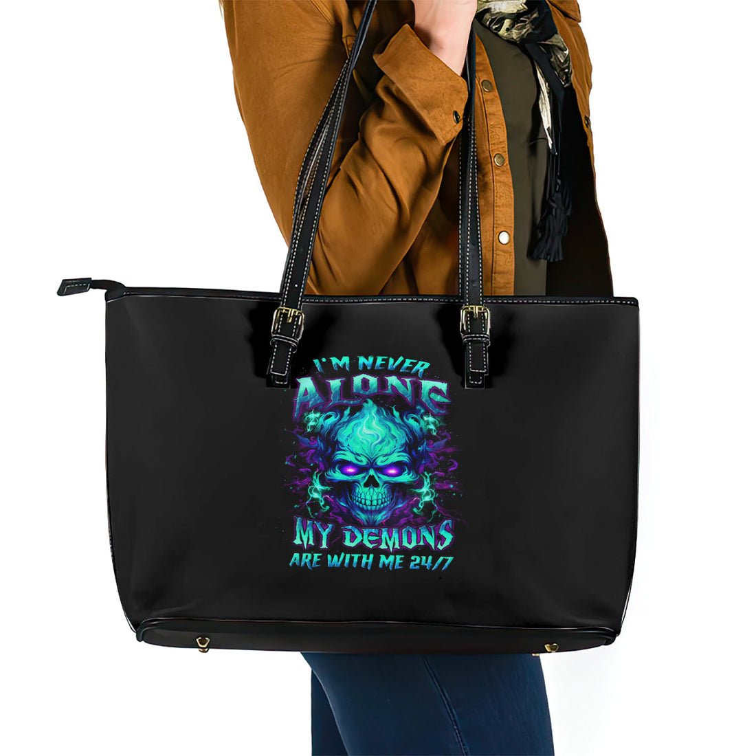 Flame Skull Leather Tote Bag I'm Never Alone My Demons With Me 24/7 DT01