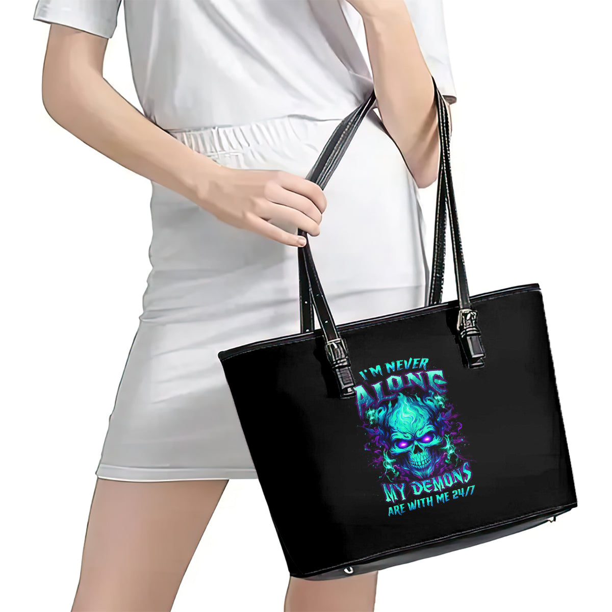 Flame Skull Leather Tote Bag I'm Never Alone My Demons With Me 24/7 DT01