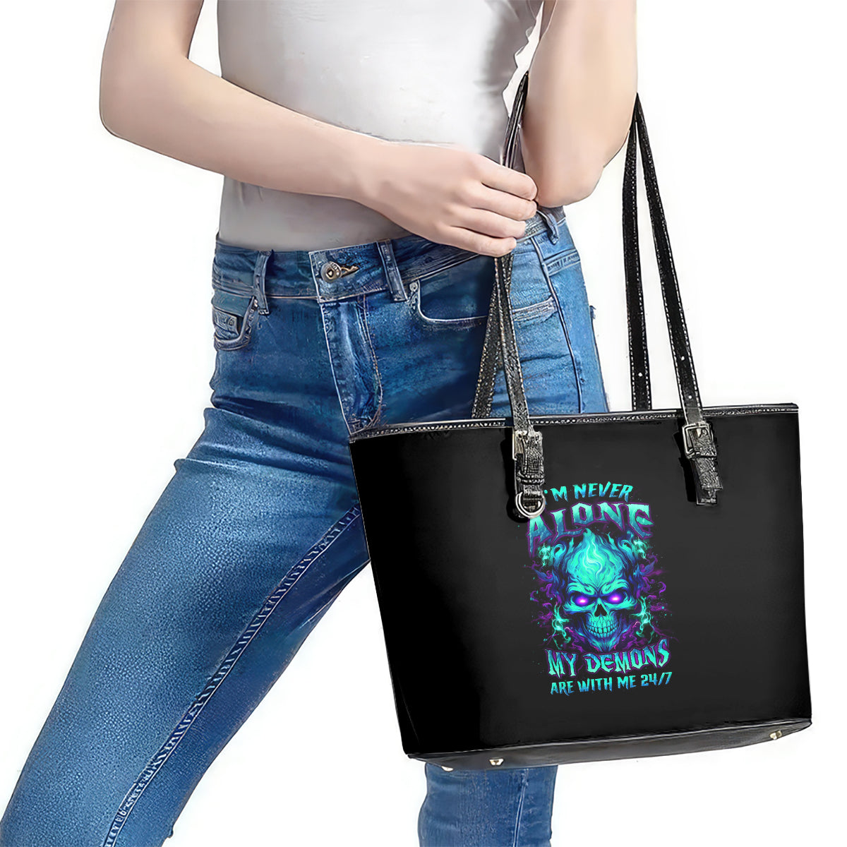 Flame Skull Leather Tote Bag I'm Never Alone My Demons With Me 24/7 DT01