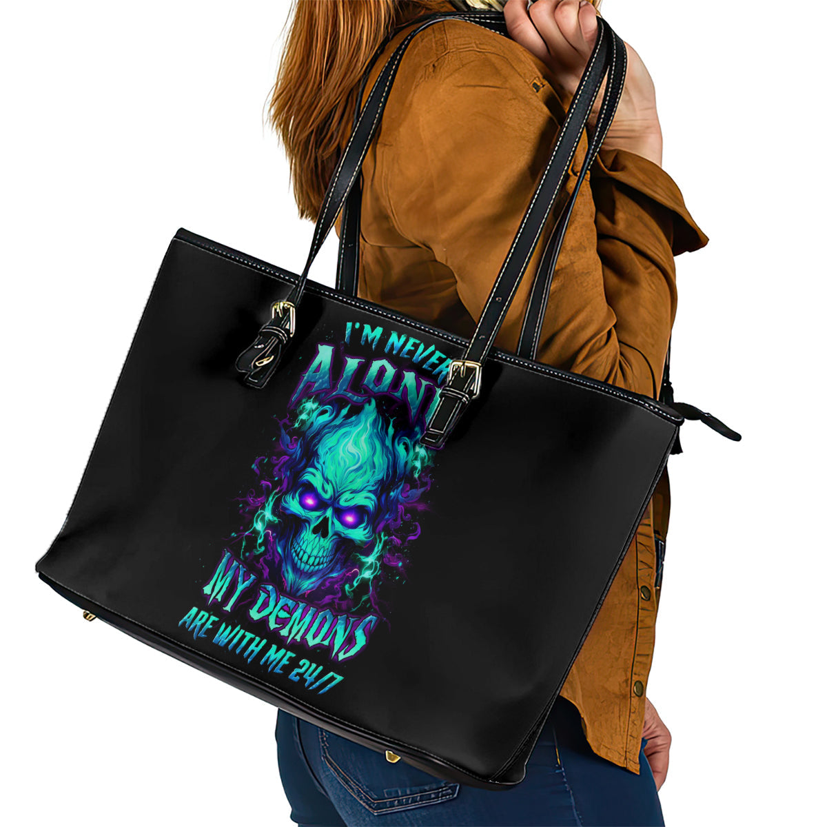 Flame Skull Leather Tote Bag I'm Never Alone My Demons With Me 24/7 DT01