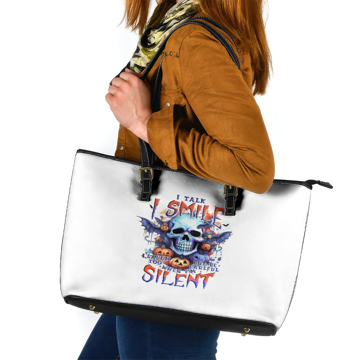 Bat Skull Leather Tote Bag I Talk I Smile But Be Carefull When I Silent DT01