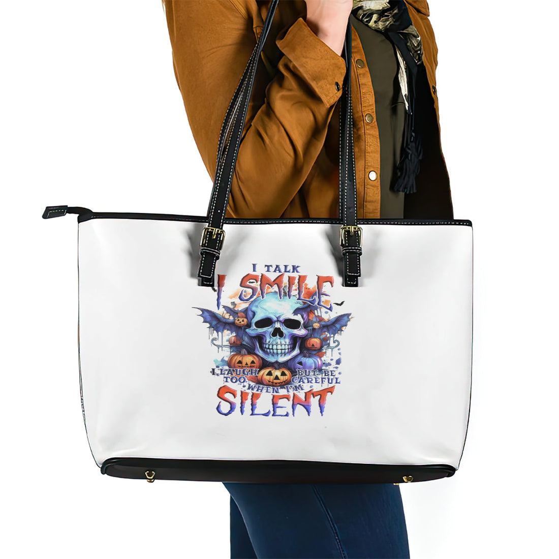 Bat Skull Leather Tote Bag I Talk I Smile But Be Carefull When I Silent DT01