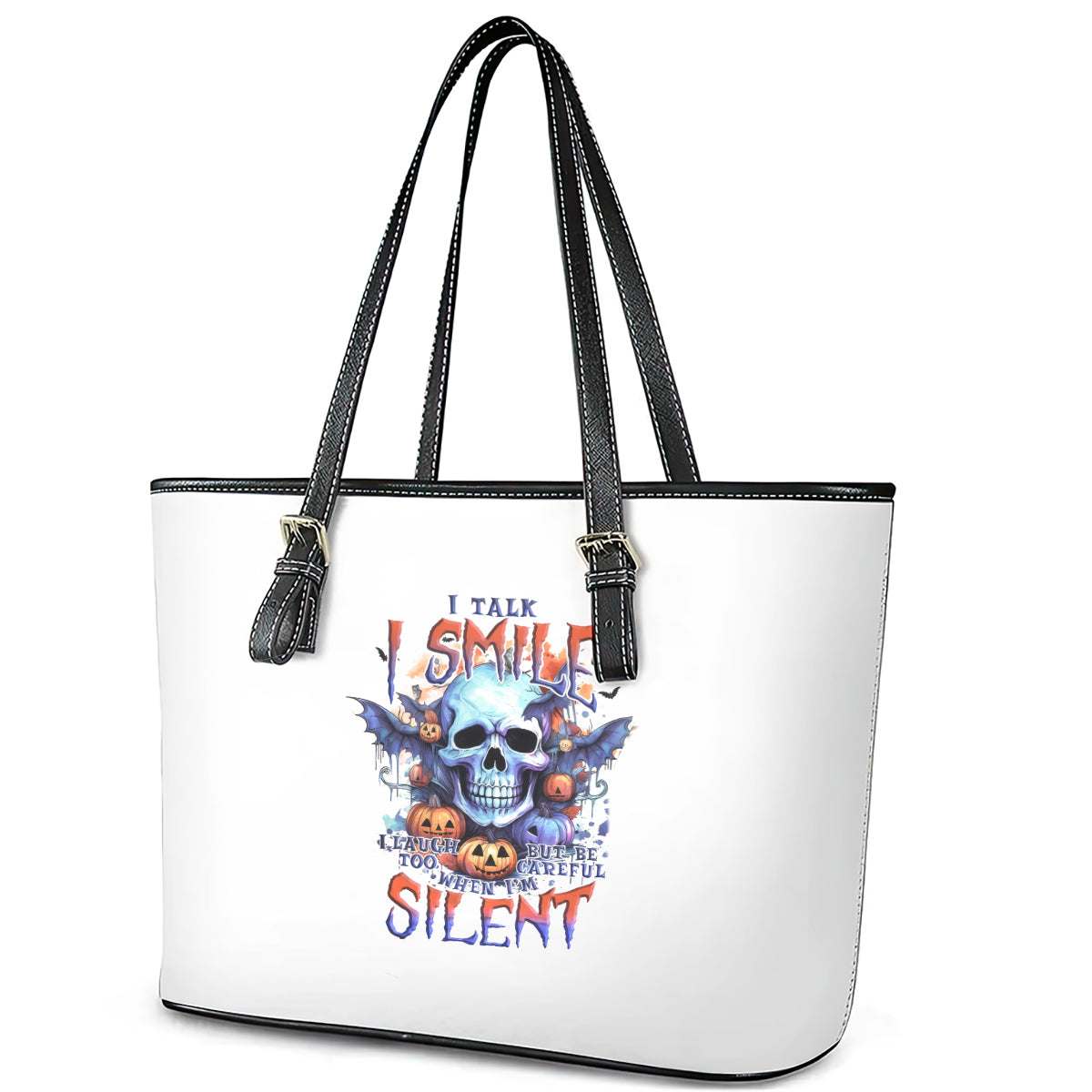 Bat Skull Leather Tote Bag I Talk I Smile But Be Carefull When I Silent DT01