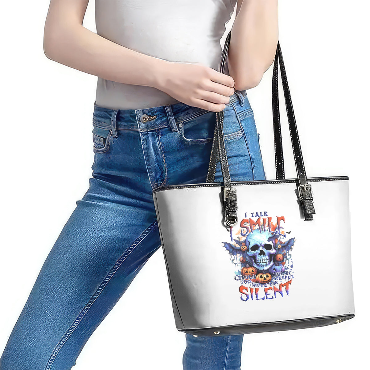 Bat Skull Leather Tote Bag I Talk I Smile But Be Carefull When I Silent DT01