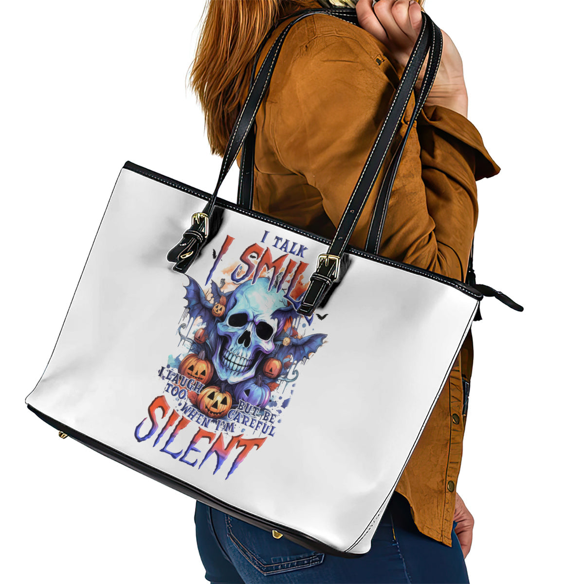 Bat Skull Leather Tote Bag I Talk I Smile But Be Carefull When I Silent DT01