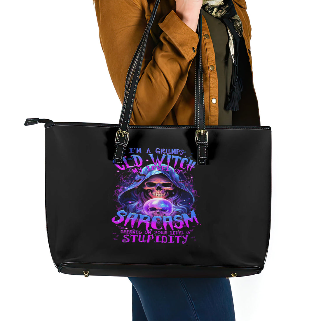 Witch Skull Leather Tote Bag I'm A Grumpy Old Witch DT01