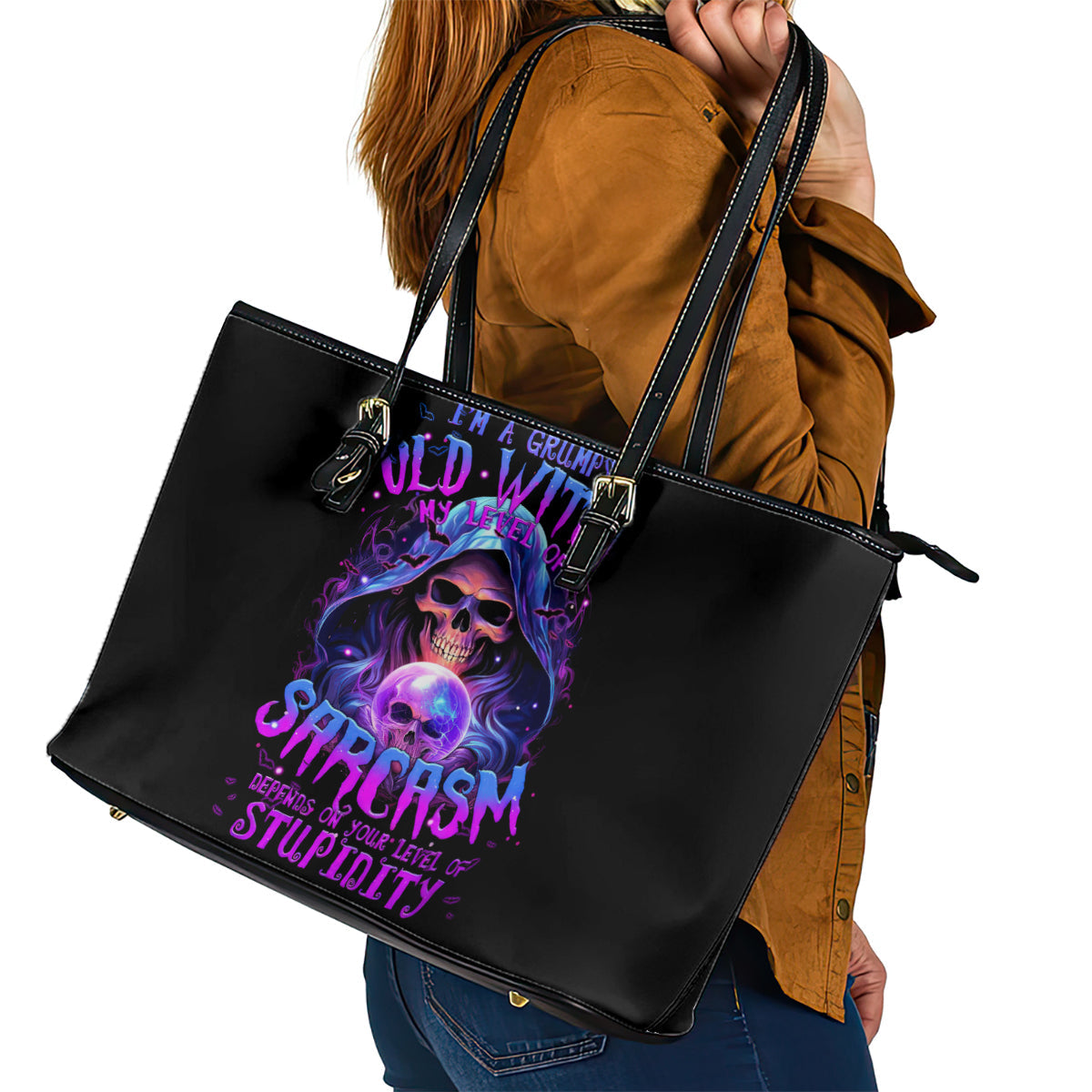 Witch Skull Leather Tote Bag I'm A Grumpy Old Witch DT01