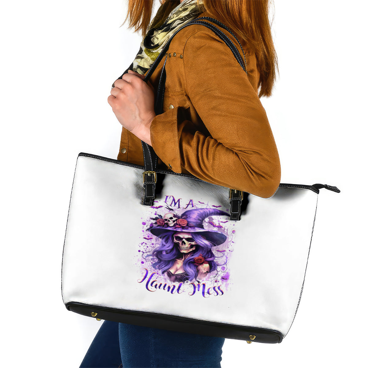 Witch Skull Leather Tote Bag I'm A Haunt Mess DT01