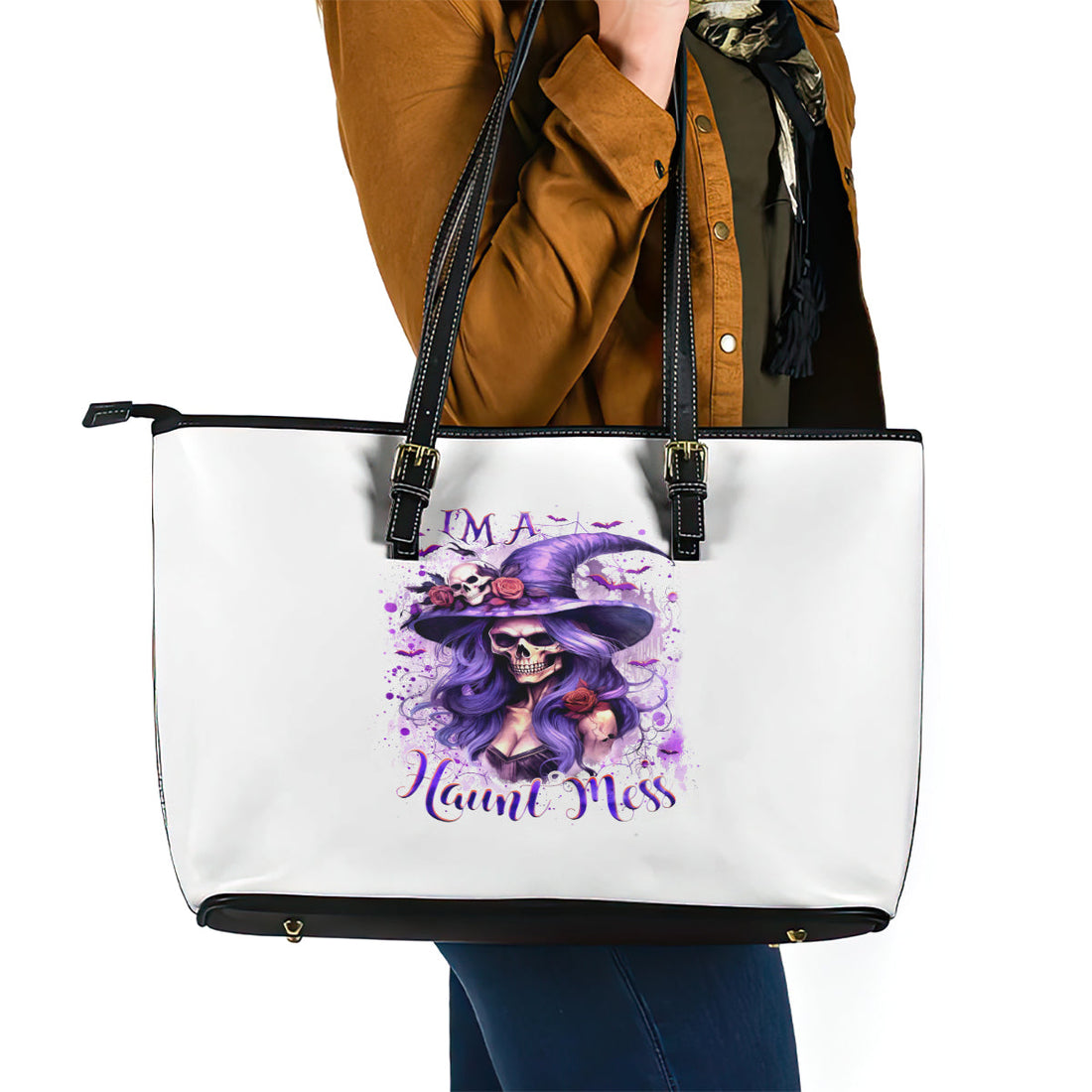 Witch Skull Leather Tote Bag I'm A Haunt Mess DT01