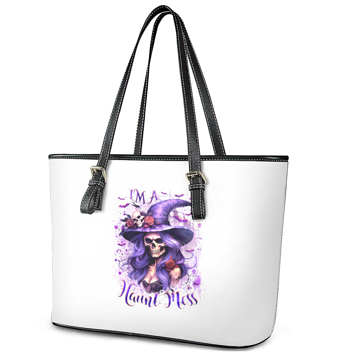 Witch Skull Leather Tote Bag I'm A Haunt Mess DT01