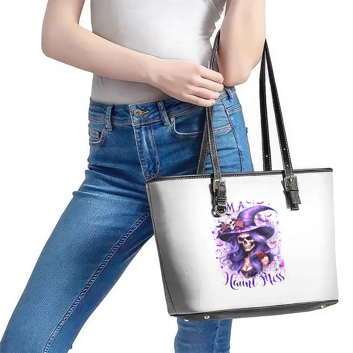 Witch Skull Leather Tote Bag I'm A Haunt Mess DT01