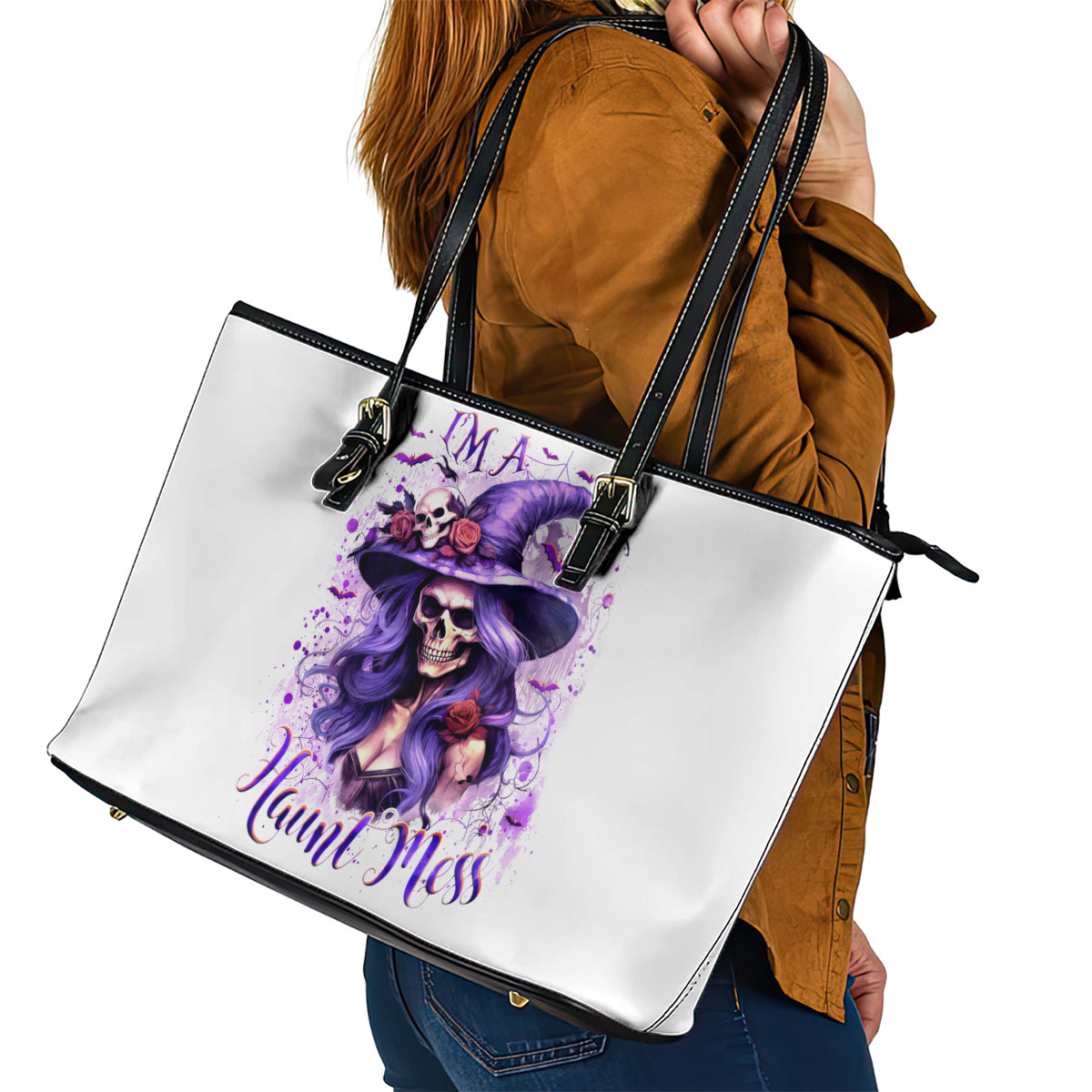 Witch Skull Leather Tote Bag I'm A Haunt Mess DT01