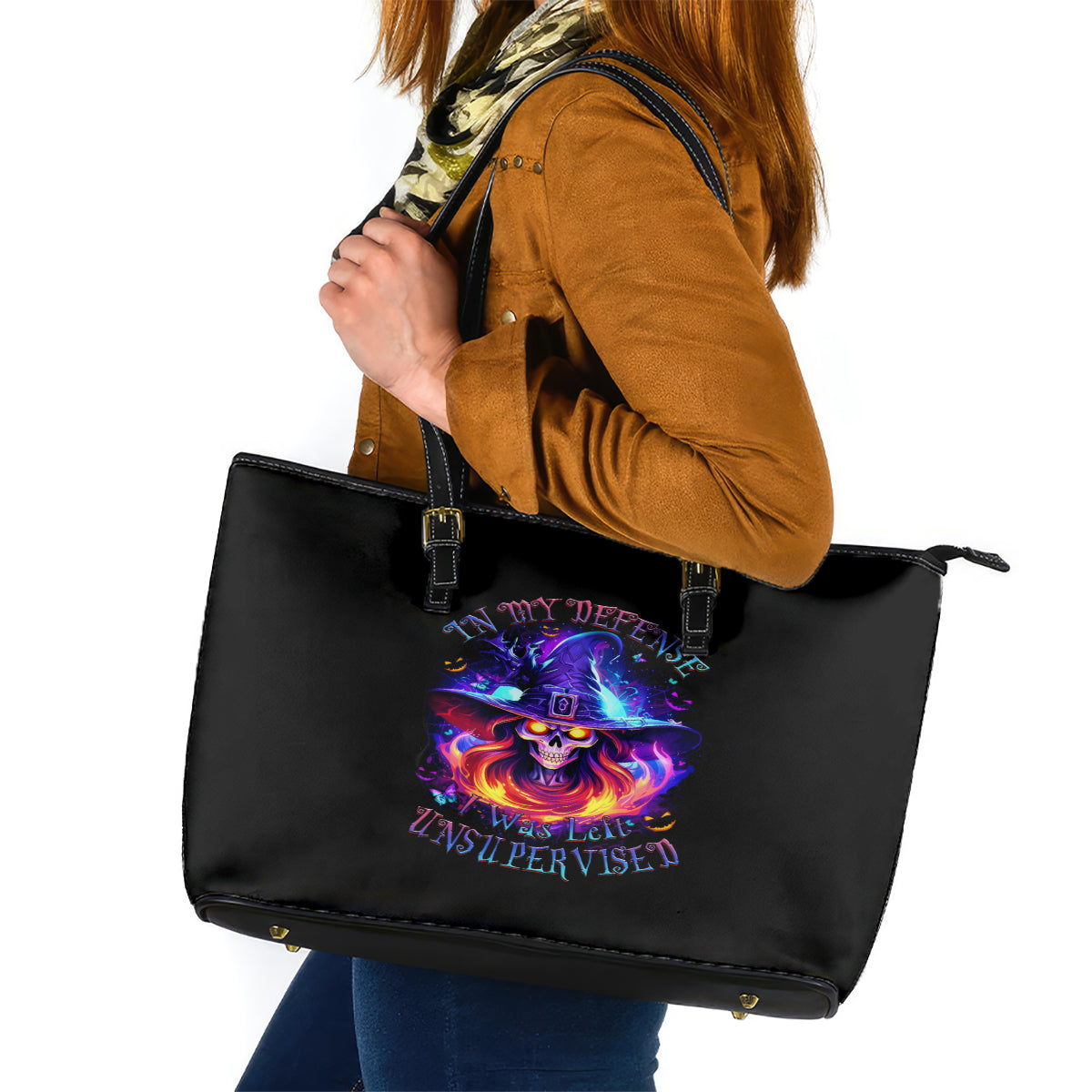 Fire Witch Skull Leather Tote Bag In My Defense The Moon Was Full And I Was Left Unsupervided DT01